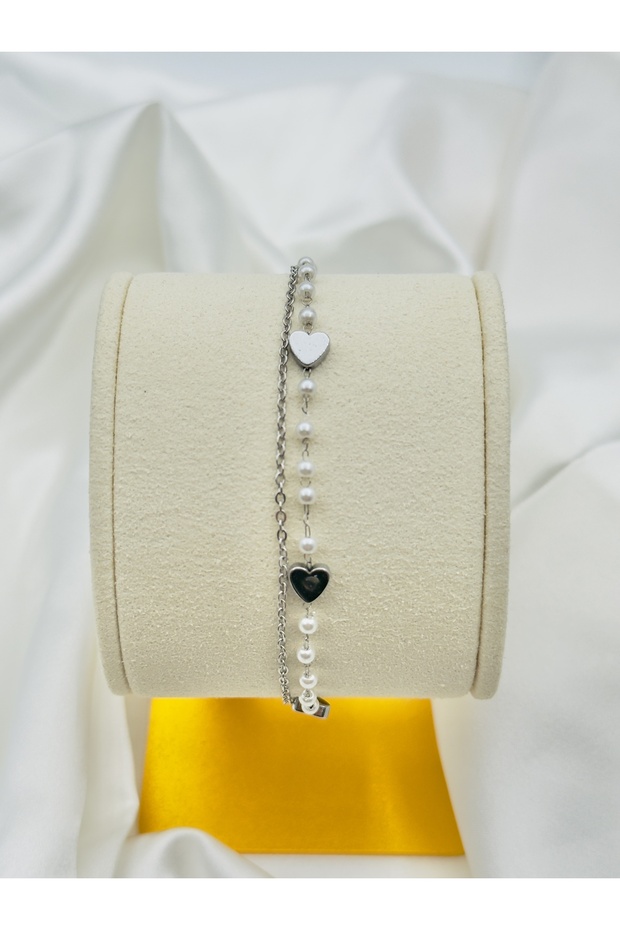 Double Chain Pearl Detailed Steel Bracelet