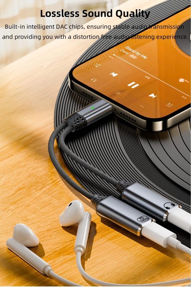 Jadebones USB-C 2-in-1 Splitter — Dual Headphone & Charging Adapter with 100W PD (Gray) - 6