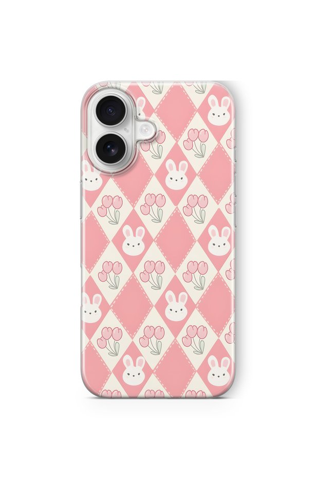 iPhone 16 Compatible Transparent Phone Case with Rabbit and Tulip Pattern