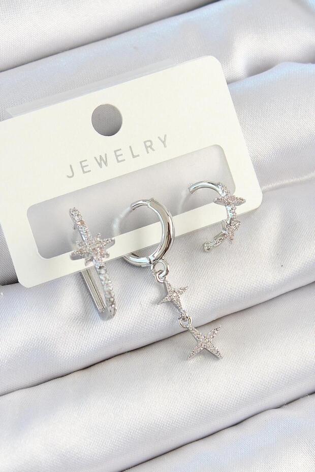 Zircon Stone Star Model Silver Color 3-Piece Double Women's Earring Set