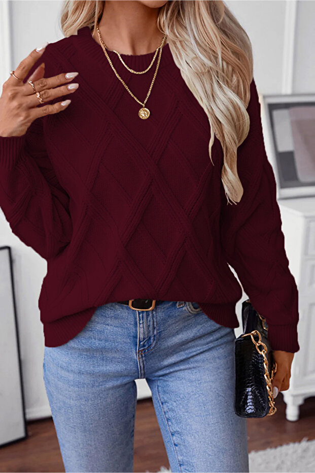 Women's Burgundy Knitwear Sweater Round Neck Long Sleeve Knitted Patterned Modern Winter