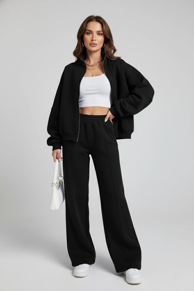 Women's Black Oversize 3 Thread Tracksuit Set