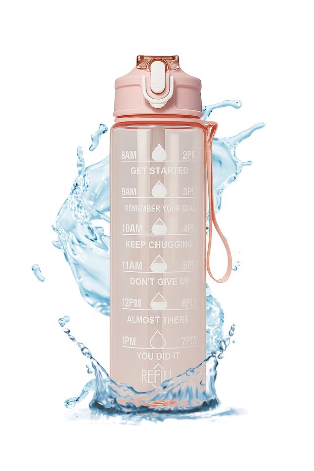 Pink Transparent Motivational Water Bottle 900 ml Leak-Proof, Suitable for Sports, School, Office and Daily Use