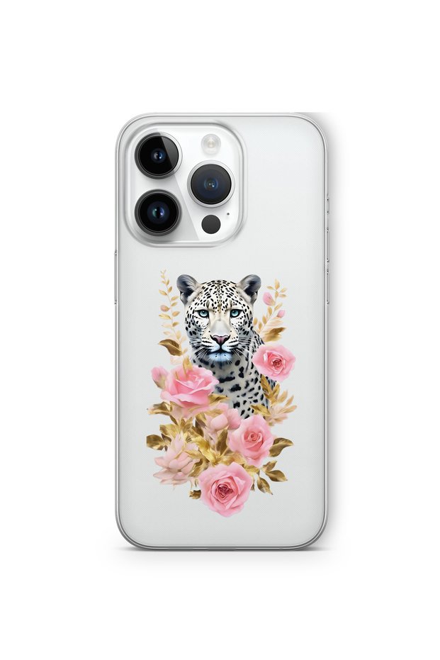 iPhone 16 Pro Compatible Leopard and Pink Rose Pattern Transparent Phone Case