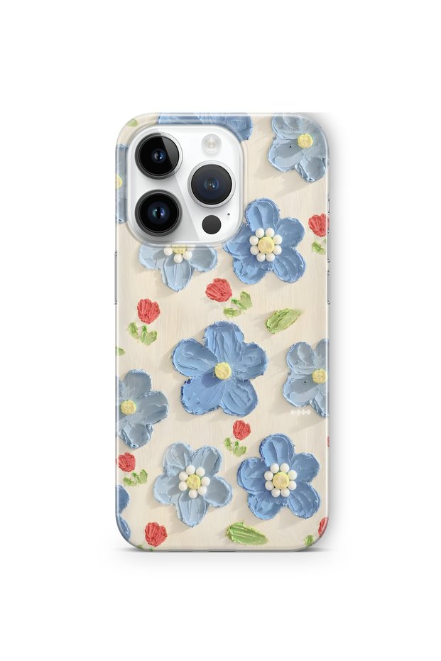 iPhone 14 Pro Compatible Blue Oil Painting Floral Pattern Transparent Phone Case