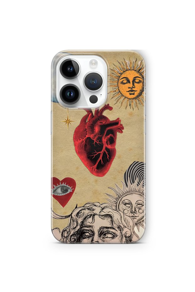 iPhone 14 Pro Max Compatible Sun and Heart Collage Pattern Transparent Phone Case
