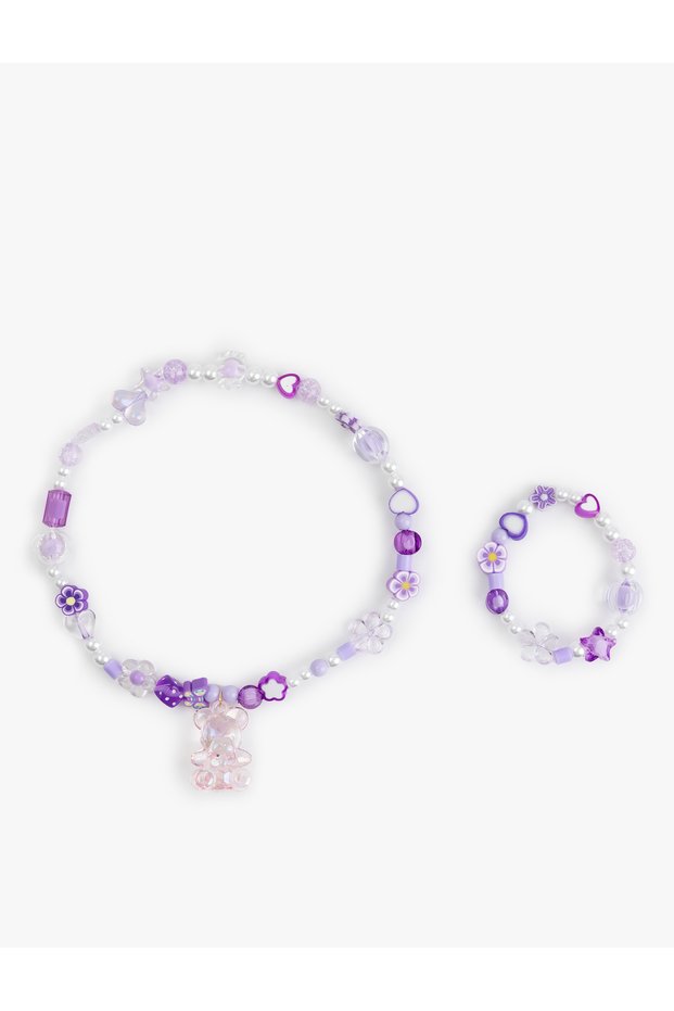 Beaded Teddy Bear Detailed Necklace Bracelet Set