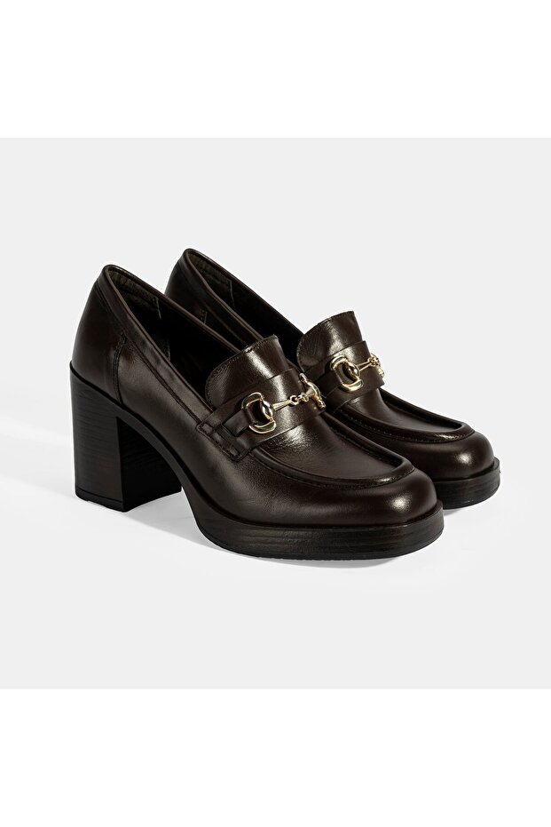 Women's Brown Metal Buckle Detailed Thick Heeled Loafer