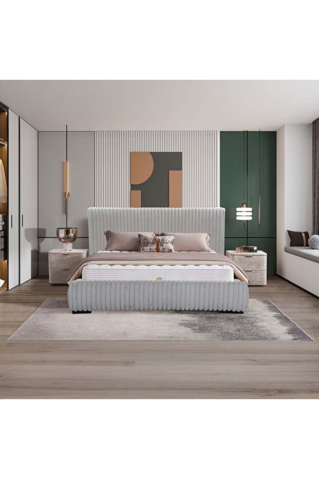 Fritz 150x200 Queen Bed in Light Grey - Foam Fabric Bed with Slats, 2-Year Warranty