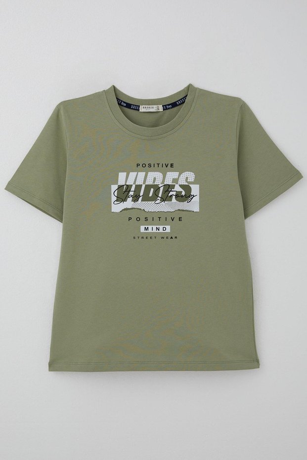 Boys' T-Shirt with Motivational Theme & Back Text Print Detail, Ages 9-16, Khaki Green