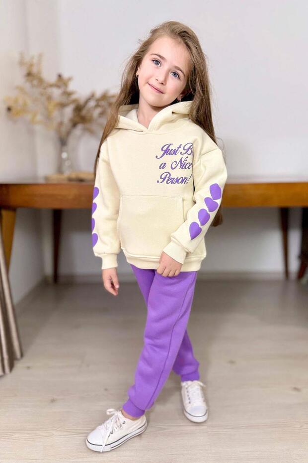 Girl's Purple Tracksuit Set with Backpack Printed and Sweatshirt with Lettering Detail on the Sleeves