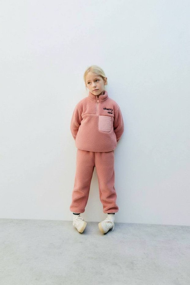 Laciel Paris Girls' Fleece Fabric Zippered Pocket Detailed 2-Piece Tracksuit Set - Pink