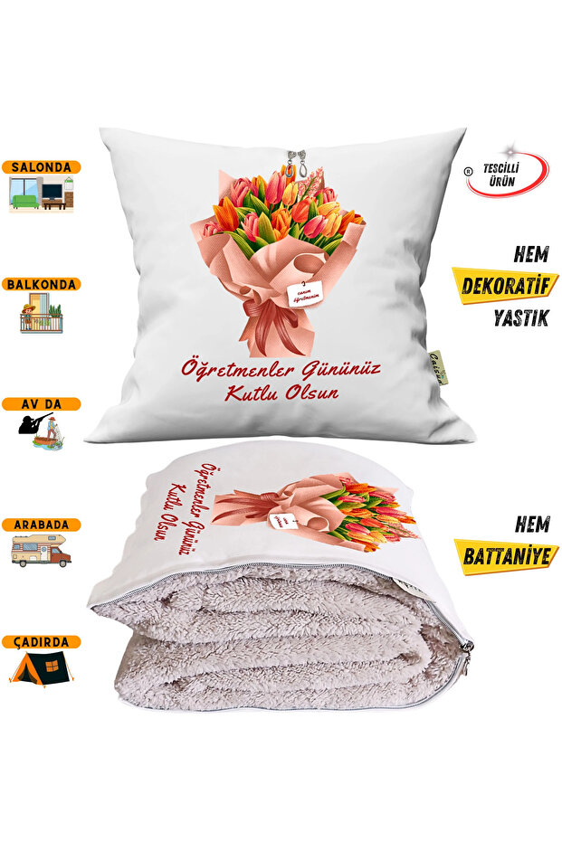 Teacher's Day Gift Bouquet with Tv Blanket Optional Decorative Pillow Cushion 2in1 Blanket
