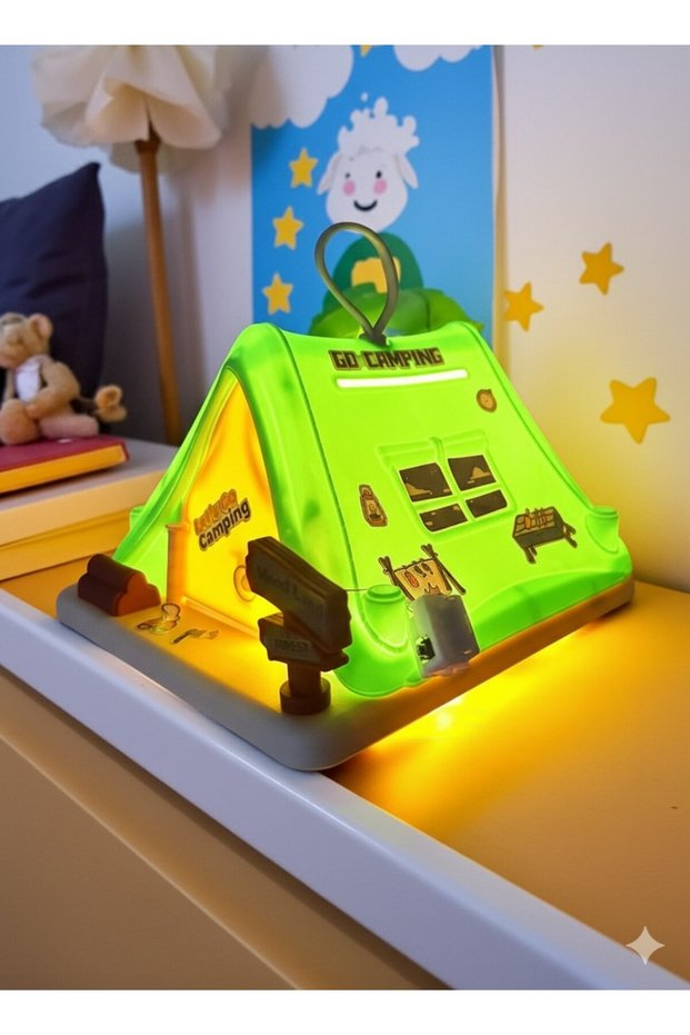 Camping Adventure Lighted Tent Piggy Bank – Children's Night Light with Sticker Gift, Green Color