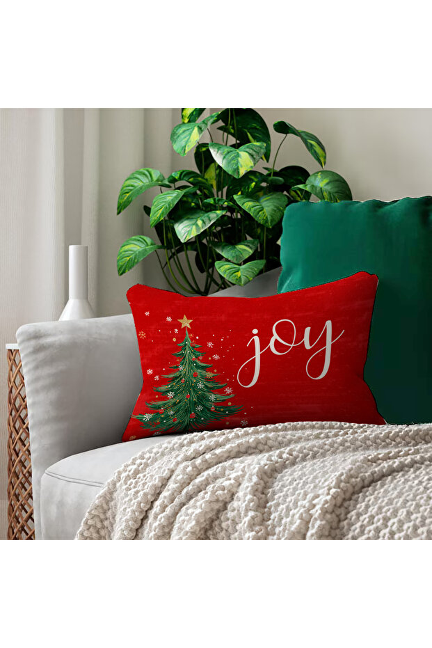 غطاء وسادة مخملي مزدوج الجوانب بنمط شجرة الصنوبر مكتوب عليه Joy - 35x55 سم