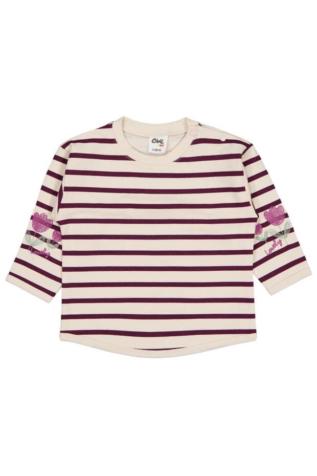 Striped Emp. Floral Embroidered 6-18 Months Sweatshirt - Beige 12-18 Months