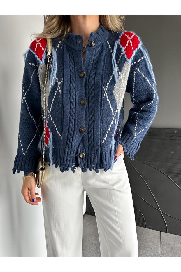 Lacivert Baklava Desen Saçaklı Hırka - 5