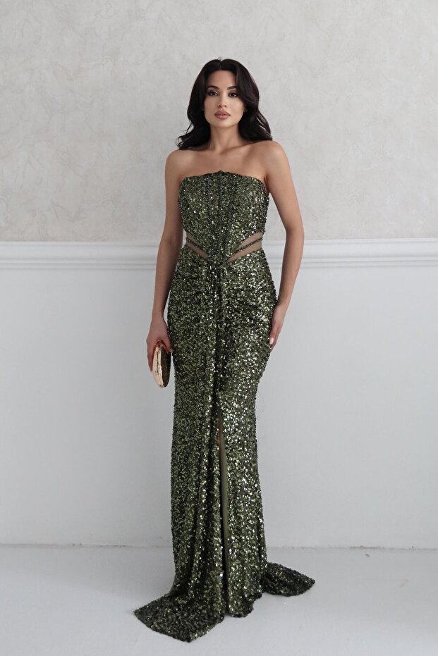 Khaki Strapless Waist Detailed Sequin Evening Dress