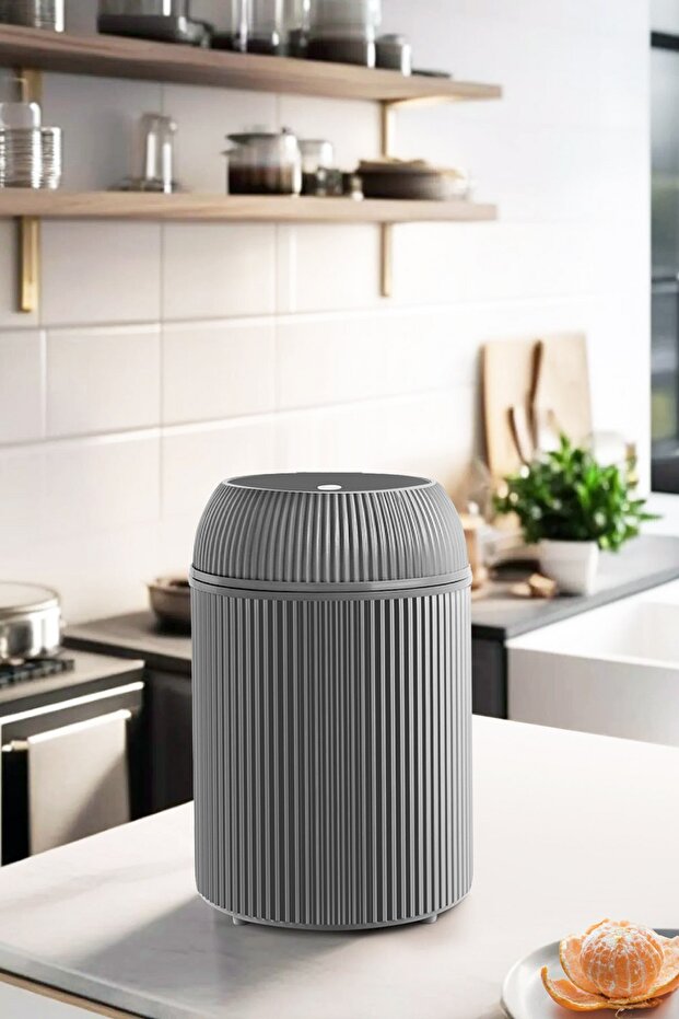 سلة مهملات دائرية سعة 10 لتر بغطاء قابل للطي باللون الرمادي - 1