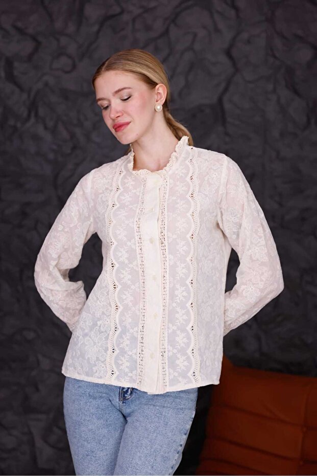 Bohem Dantelli Düğmeli Gömlek | Vintage Görünüm - 5