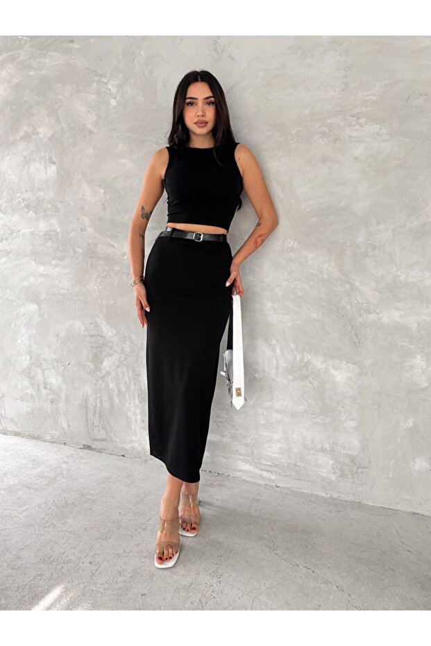 Women's Maxi Steel Skirt with Back Slit and Belt Detail