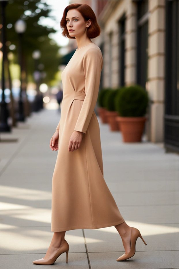 Women's a Line Cut Maxi Long Sleeve Crew Neck Knitted Dress Offers Everyday Elegance and Comfort Quality