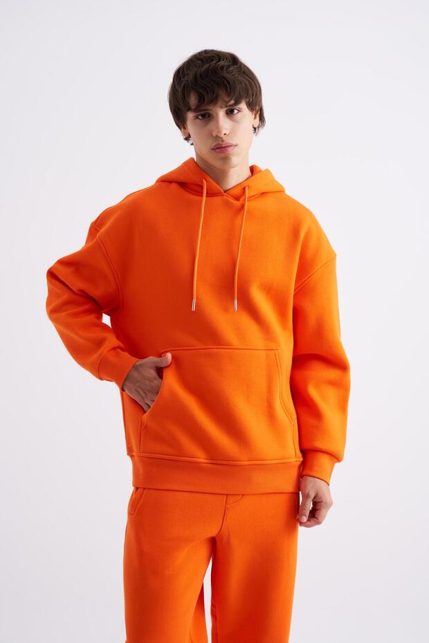 Erkek Basic Kapüşonlu Oversize Turuncu Sweatshirt - 2