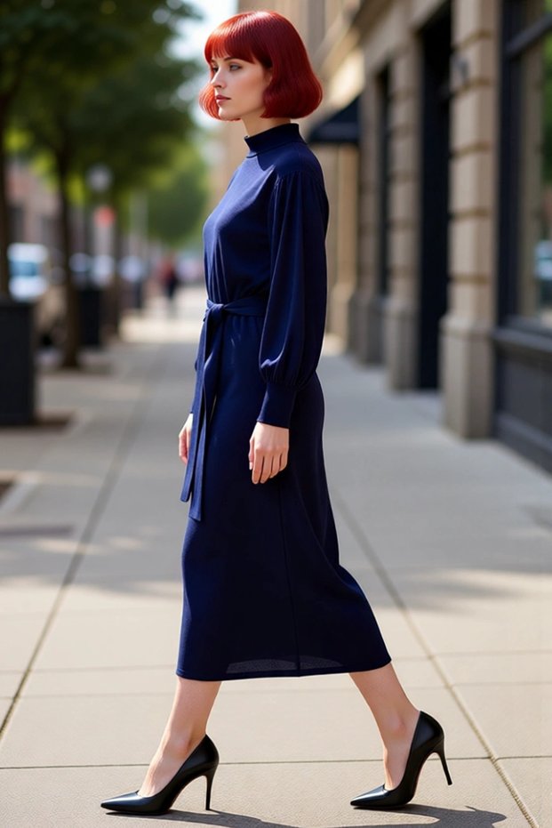Women's Maxi Length Belted Plain Pattern Mock Neck Balloon Sleeve Knitwear Dress Stylish and Comfortable for Winter Season