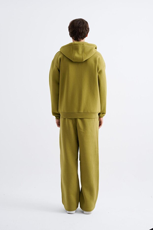Oversize Fermuarlı Cepli Kapüşonlu Basic Sweatshirt GREEN - 6