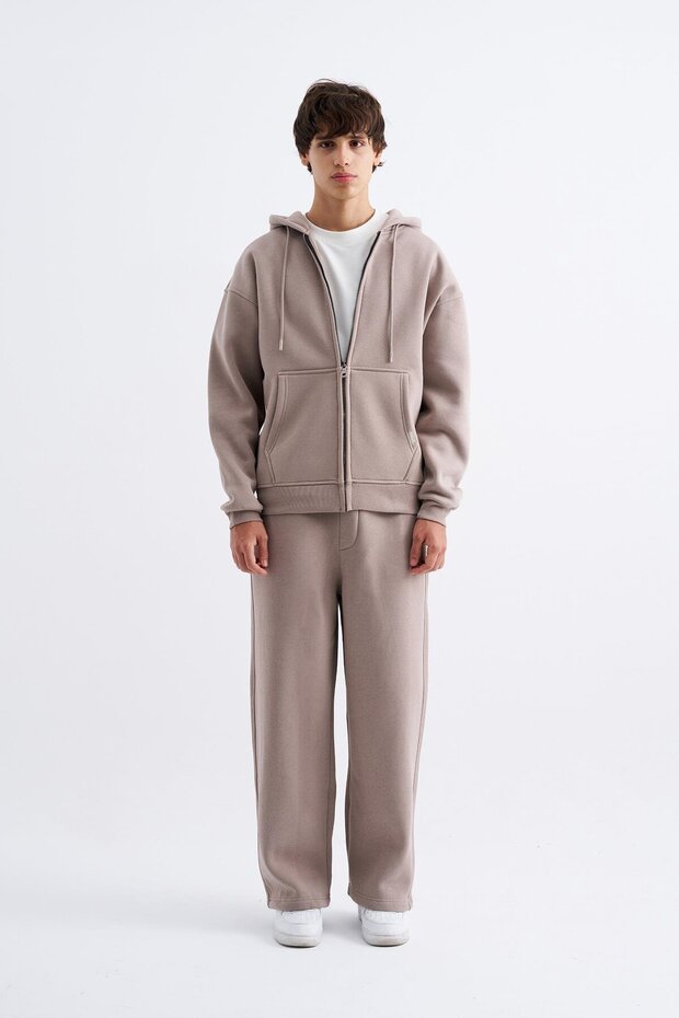 Oversize Fermuarlı Cepli Kapüşonlu Basic Sweatshirt ICE GREY - 4