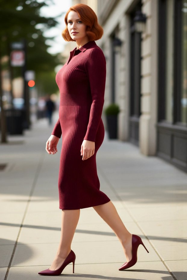 Women's Polo Neck Corded Fabric Bodycon Knitwear Midi Dress Long Sleeve Winter Casual Stylish Acrylic Design