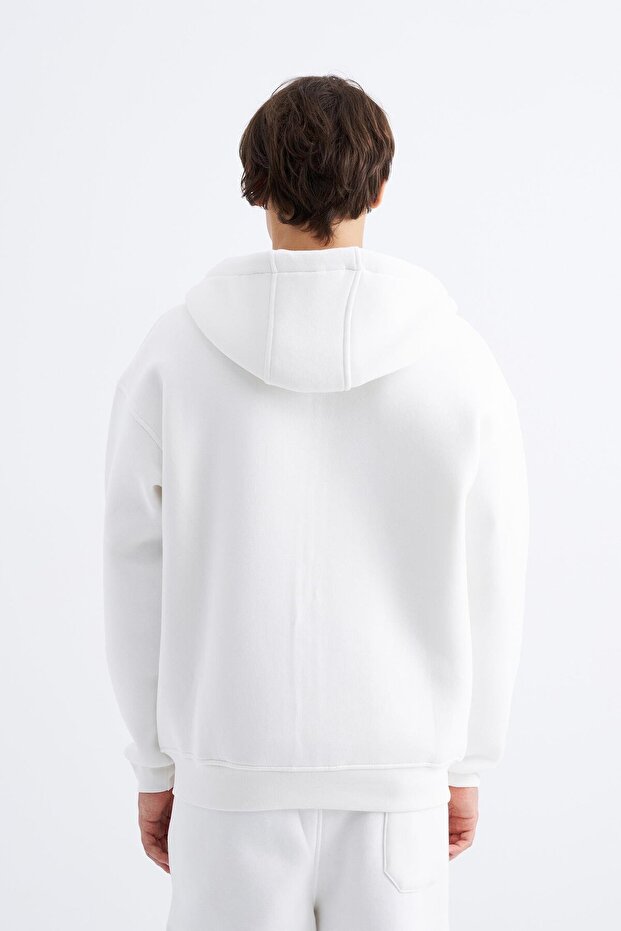 Oversize Fermuarlı Cepli Kapüşonlu Basic Sweatshirt ECRU - 3