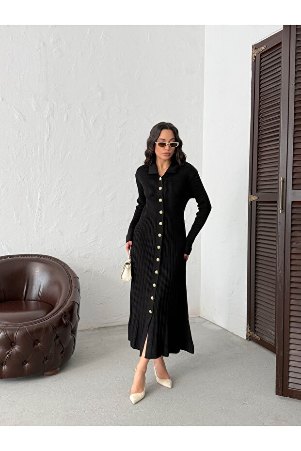 Dámské černé elegantní dlouhé úpletové košilové šaty s knoflíky - 4