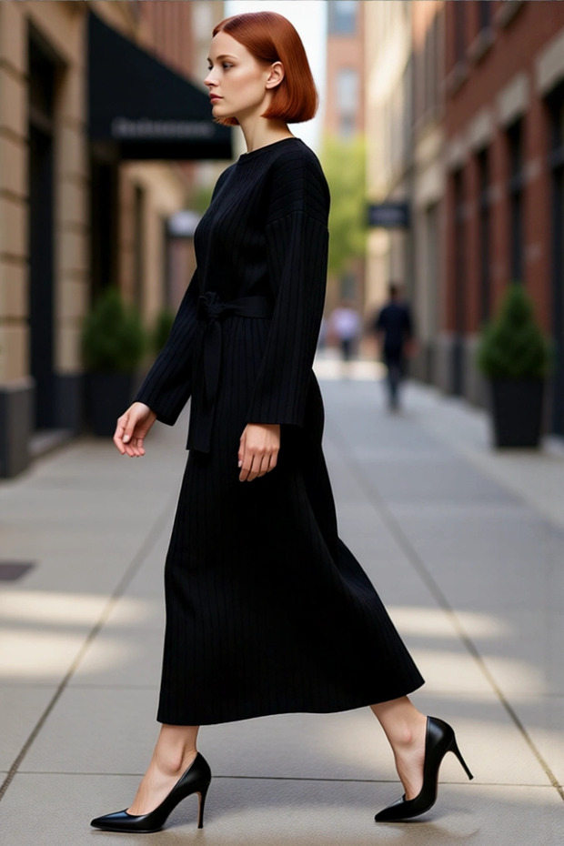 Custom Knitwear Ribbed Belted Maxi Dress for Women Plain Pattern Long Drop Sleeve Winter Chic