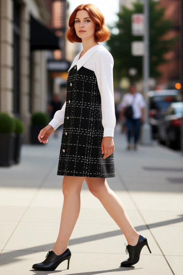 Women's Plus Size Black Plaid Tweed Mini Dress Shirt Collar Layered Ideal for Winter Chic