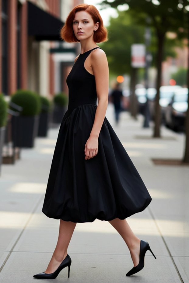 Women's Black Sleeveless Halter Neck Midi Length Balloon Skirt Stylish Poplin Evening Dress Special Occasion Dress High Quality