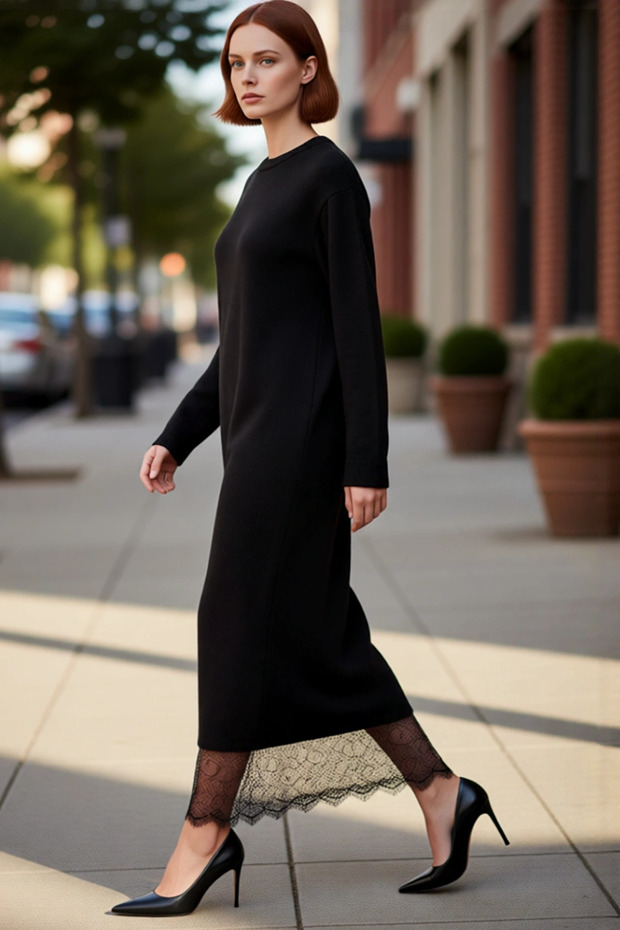 Women's A-Line Cut Maxi Knit Dress with Lace Detail, Long Sleeves, Stylish Crew Neck Design, Modest Wear