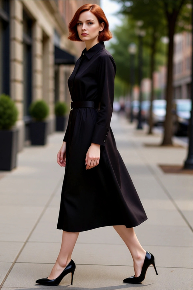Women's Shirt Collar Batwing Sleeve Long Belted Midi Length Woven Winter Dress Casual Elegance Quality