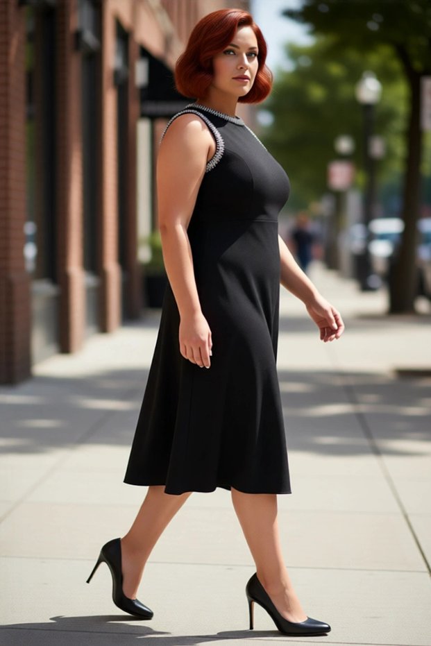 Plus Size Black a Line Sleeveless Midi Woven Evening Dress for Women Stylish with Sparkling Neckline Detail