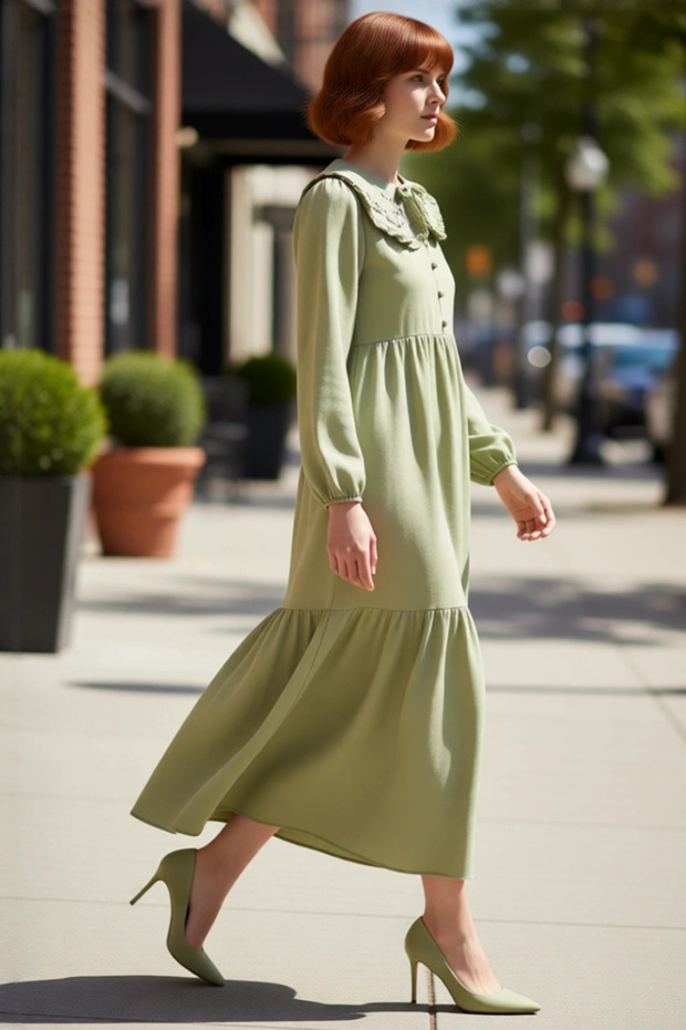 Women's Embroidery Detailed Linen Look Woven Maxi Dress Peter Pan collar Balloon Sleeve Shift Fit Comfortable Elegance