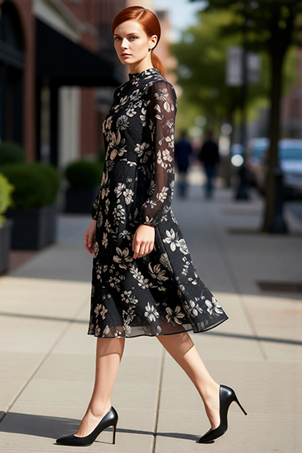 Women's Shawl Patterned Lined Flounced Chiffon Midi Dress Mock Neck Long Balloon Sleeves A-Line Quality