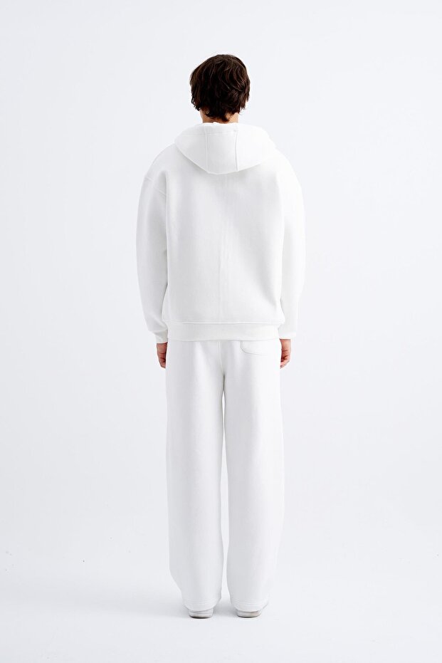 Oversize Fermuarlı Cepli Kapüşonlu Basic Sweatshirt ECRU - 6