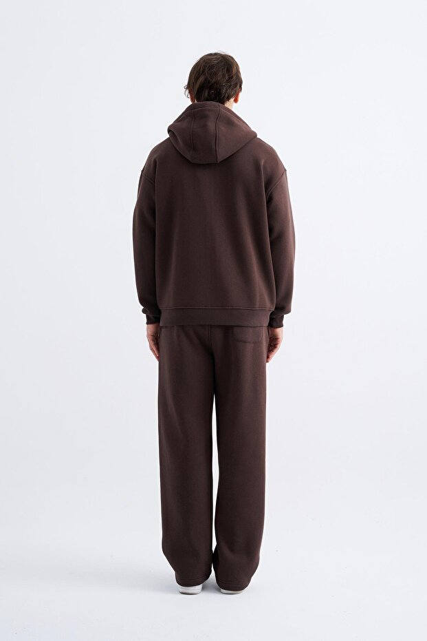Oversize Fermuarlı Cepli Kapüşonlu Basic Sweatshirt DARK COFFEE - 5