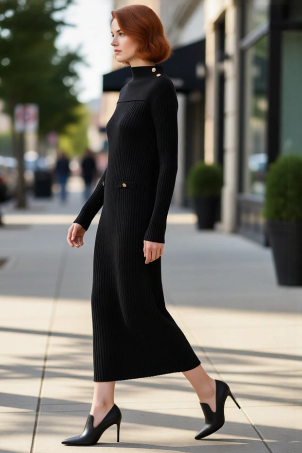 Women's Mock Neck Long Sleeve Maxi Length Ribbed Knit Dress Winter Casual Chic with Stylish Button Details