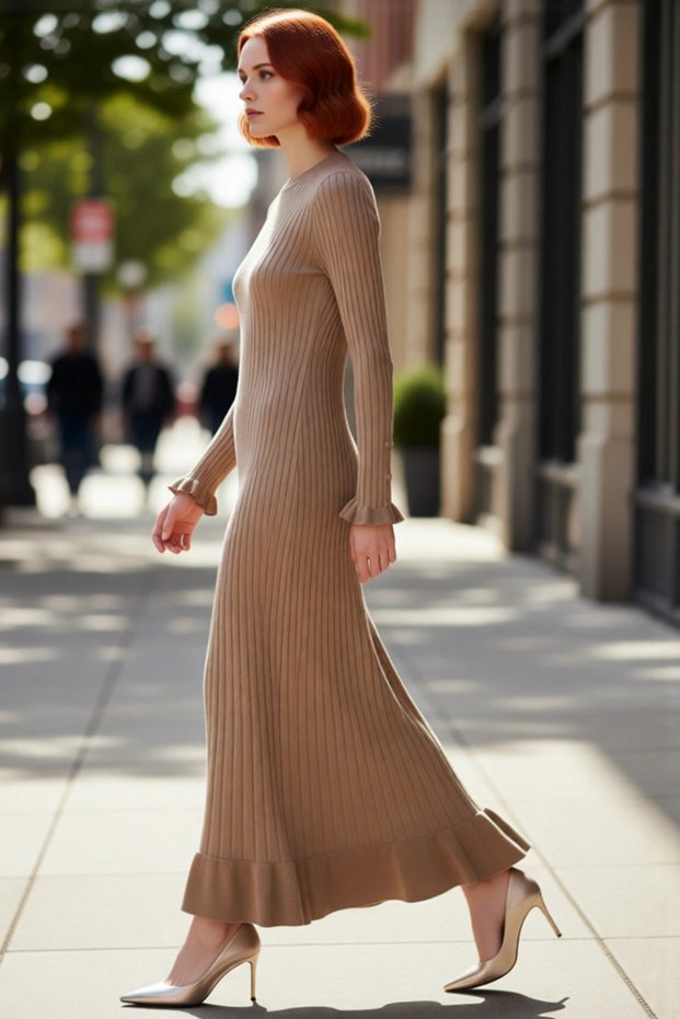 Women's Beige Ribbed Knitwear Maxi Dress Skirt Ruffled Pearl Low Sleeve Crew Neck Design Quality