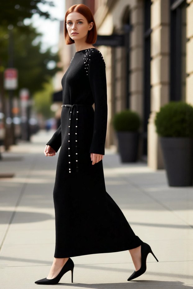 Women's Stylish Pearl Detailed Belted Maxi Length Knitwear Dress Winter Ribbed Textured Acrylic
