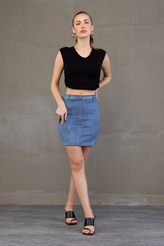 Women's Mini-Length Belted Suede Skirt Above the Knee