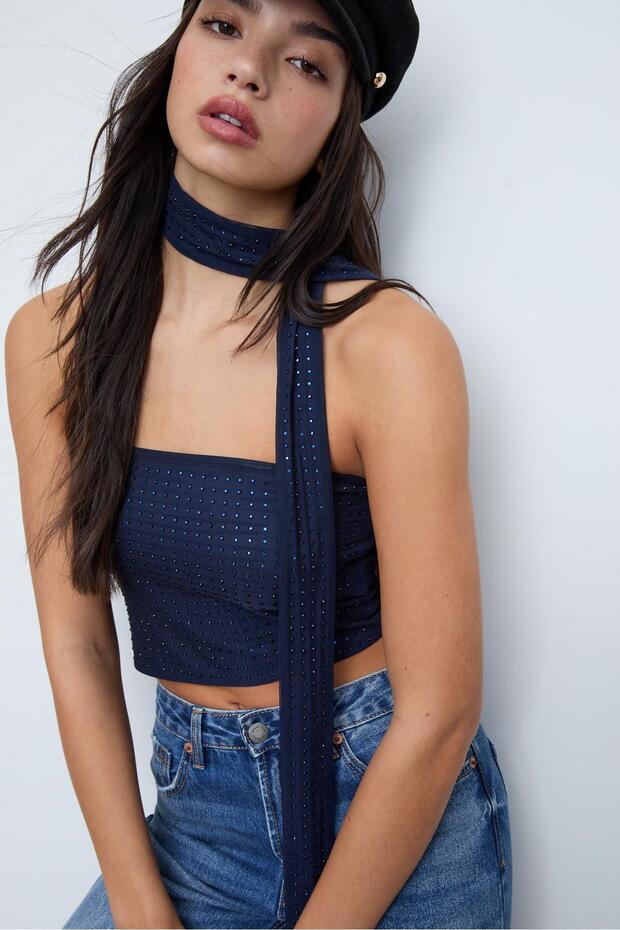 Payetli fularlı straplez top - 1