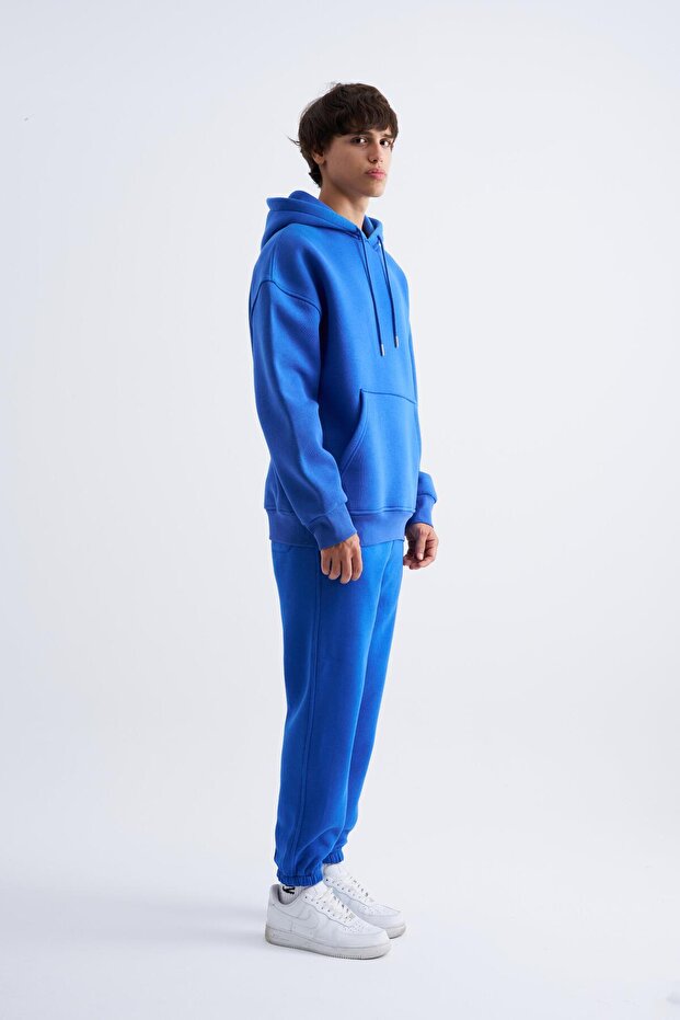 Erkek Basic Kapüşonlu Oversize Saks Sweatshirt - 4