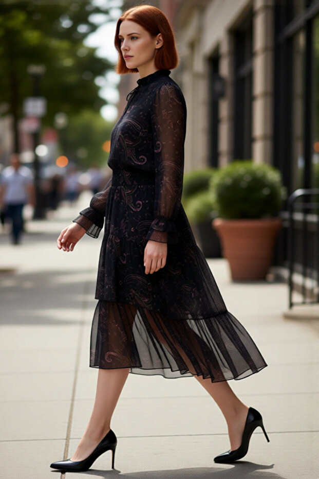 Women's Chiffon Skater Midi Dress Shawl Patterned Halter Neck Long Sleeve Woven Elegance Quality